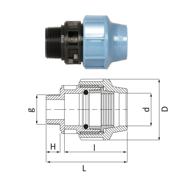 PP PE Anschlussverschraubung mit Außengewinde Klemme Fitting DVGW 16mm-40mm 16bar Made in EU